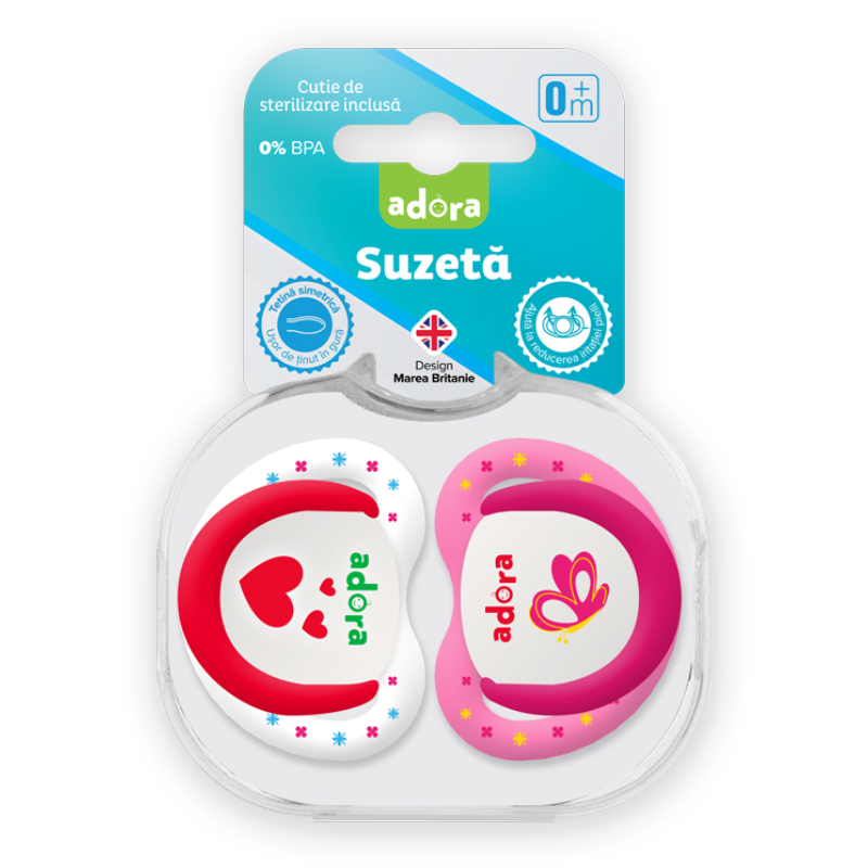 Suzeta din silicon, cu cutie de sterilizare, 0-6 luni, design fata, 2 bucati, Adora